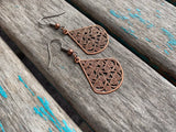 Vintage-Inspired Copper Lace Teardrop Earrings: Filigree Dangle Jewelry for Elegant Bohemian Style