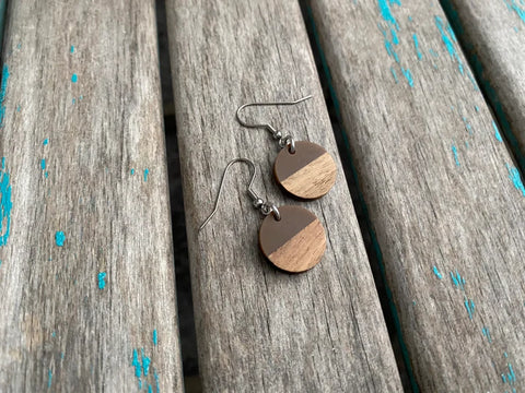 Wood and Brown Coin-Shaped Acrylic Earrings- Small Earrings
