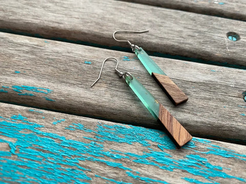 Long Wood and Transparent Mint Green with Gold Flecks Acrylic Earrings -Tapered-Style
