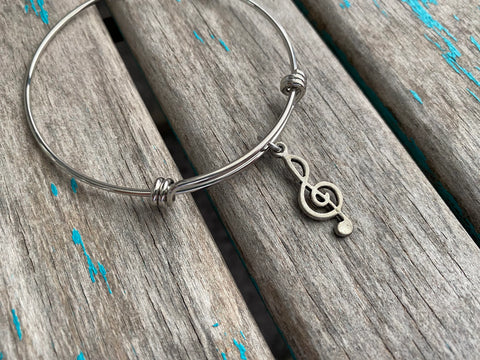 SALE- Treble Clef Charm Bangle Bracelet - Adjustable Bracelet