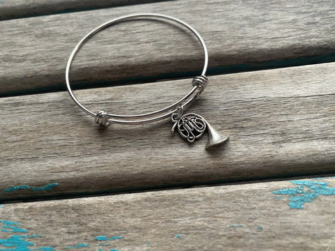 SALE- French Horn Charm Bangle Bracelet - Adjustable Bracelet