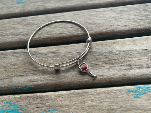 SALE- Wine Glass Bangle Bracelet- Adjustable Charm Bracelet
