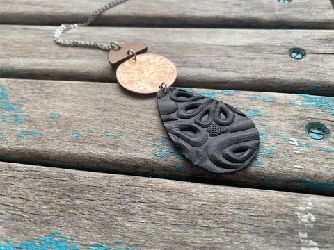 Wood, Copper, and Black Leather Pendant Necklace: Modern Statement Jewelry