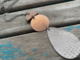 Wood, Copper, and Cream/Metallic Leather Pendant Necklace: Modern Statement Jewelry