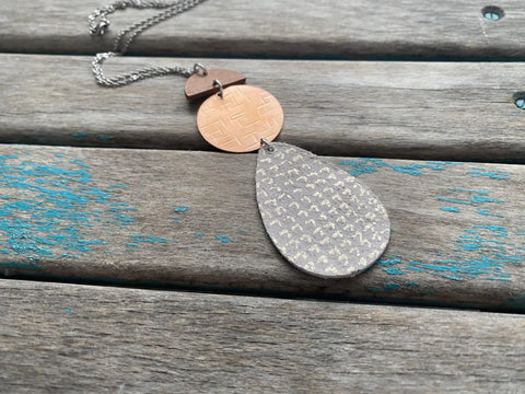 Wood, Copper, and Cream/Metallic Leather Pendant Necklace: Modern Statement Jewelry