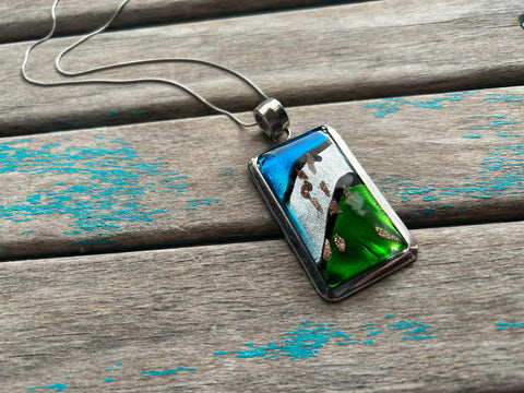 Blue, Green, Silver Necklace- Glass