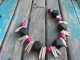 Pink Wood Necklace- Statement Necklace in Pink, Black, and Cream -READY to SHIP