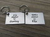 Personalized Sisters Keychains- 2 Keychain Set- "big sister", "little sister" -each with a heart and a name of your choice