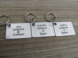 Personalized Brothers Keychains- 3 Keychain Set- "big brother", "middle brother", "little brother" -each with a star and a name of your choice