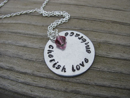 Cherish Love Embrace Inspiration Necklace- "cherish love embrace" - Hand-Stamped Necklace with an accent bead in your choice of colors