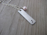 Initial Necklace-brushed silver rectangle with an initial of your choice -Hand-Stamped Necklace with an accent bead of your choice