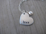 Love Heart Necklace- Hand-Stamped heart with "love" -Necklace with an accent bead in your choice of colors