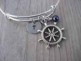 Ship's Wheel Charm Bracelet- Adjustable Bangle Bracelet with an Initial Charm and an Accent Bead of your choice