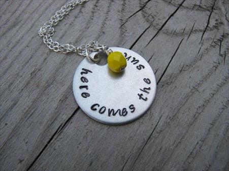 Here Comes The Sun Inspiration Necklace- "here comes the sun" - Hand-Stamped Necklace with an accent bead in your choice of colors